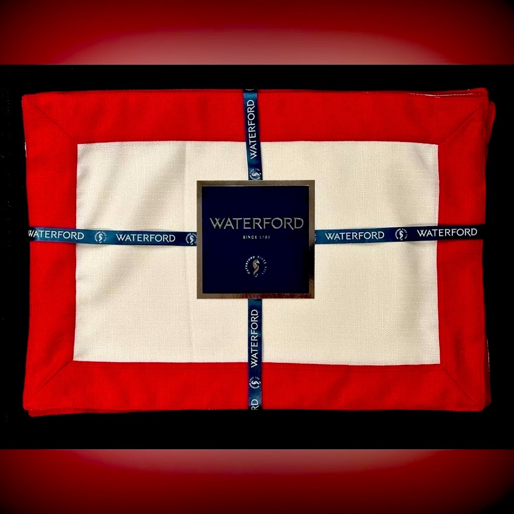 WATERFORD SET OF 4 PLACEMATS CRYSTAL CO. LUXURY WHITE W RED BORDER CLARI…